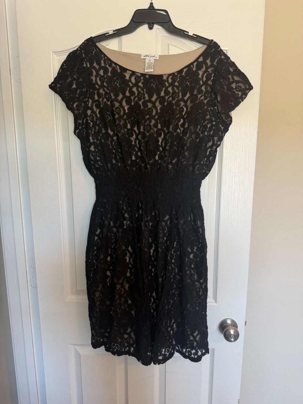 Ultra Pink Black Lace Smocked Waist Mini Dress